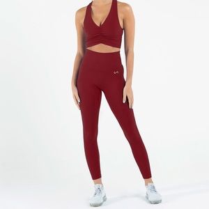 TLF Burgundy Ribbed Workout Sports Bra & High Waisted Workout Leggings.